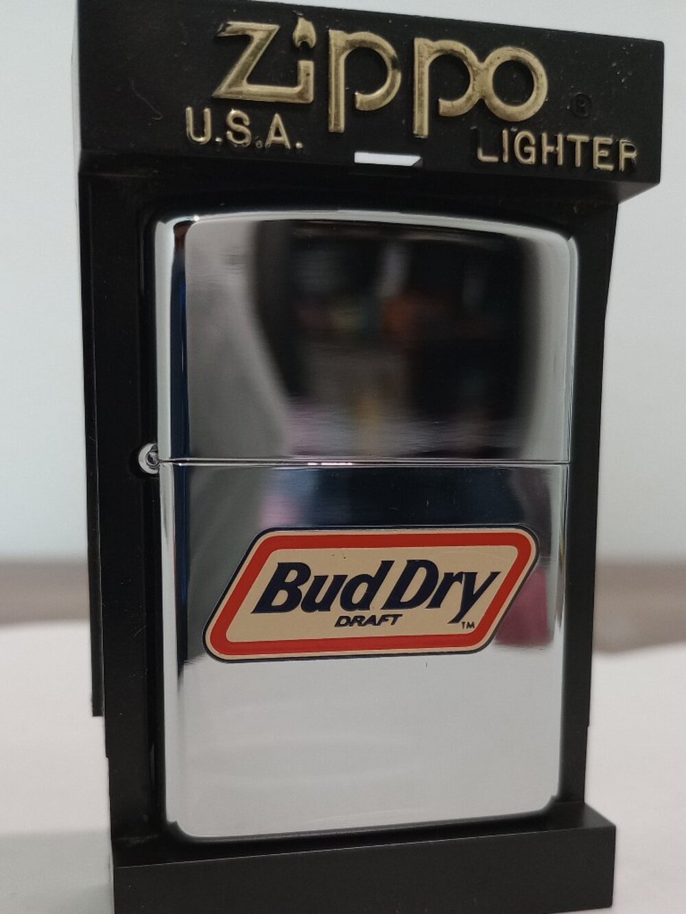 VINTAGE 90s ZIPPO BUD DRY CHROME METALLIC LIGHTER UNFIRED (NOS)